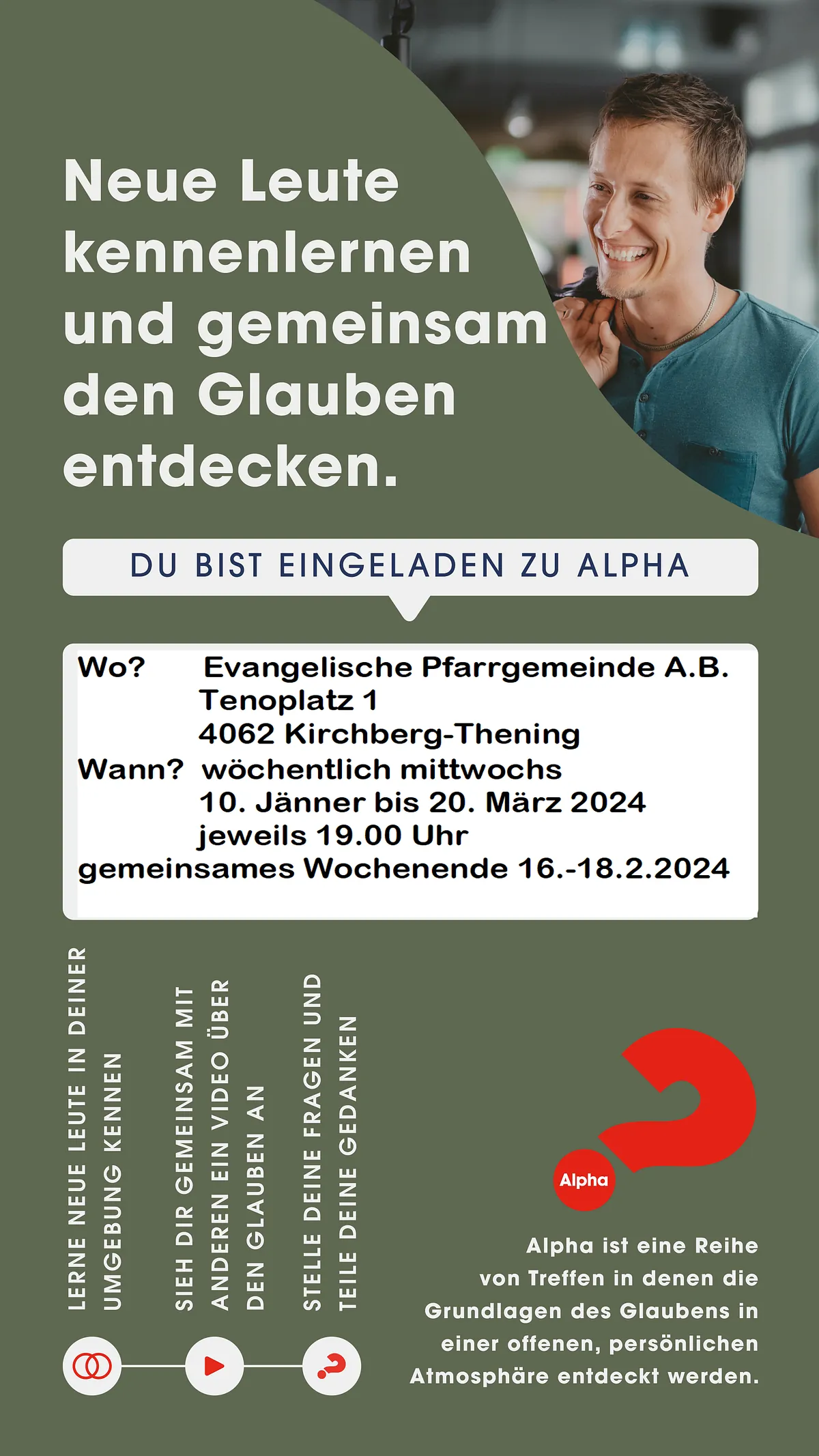 Ein Bild, das Informationen zum nächsten Glaubenskurs in den WEMSchT-Gemeinden enthält. Start 10. Jänner um 19 Uhr in Thening.